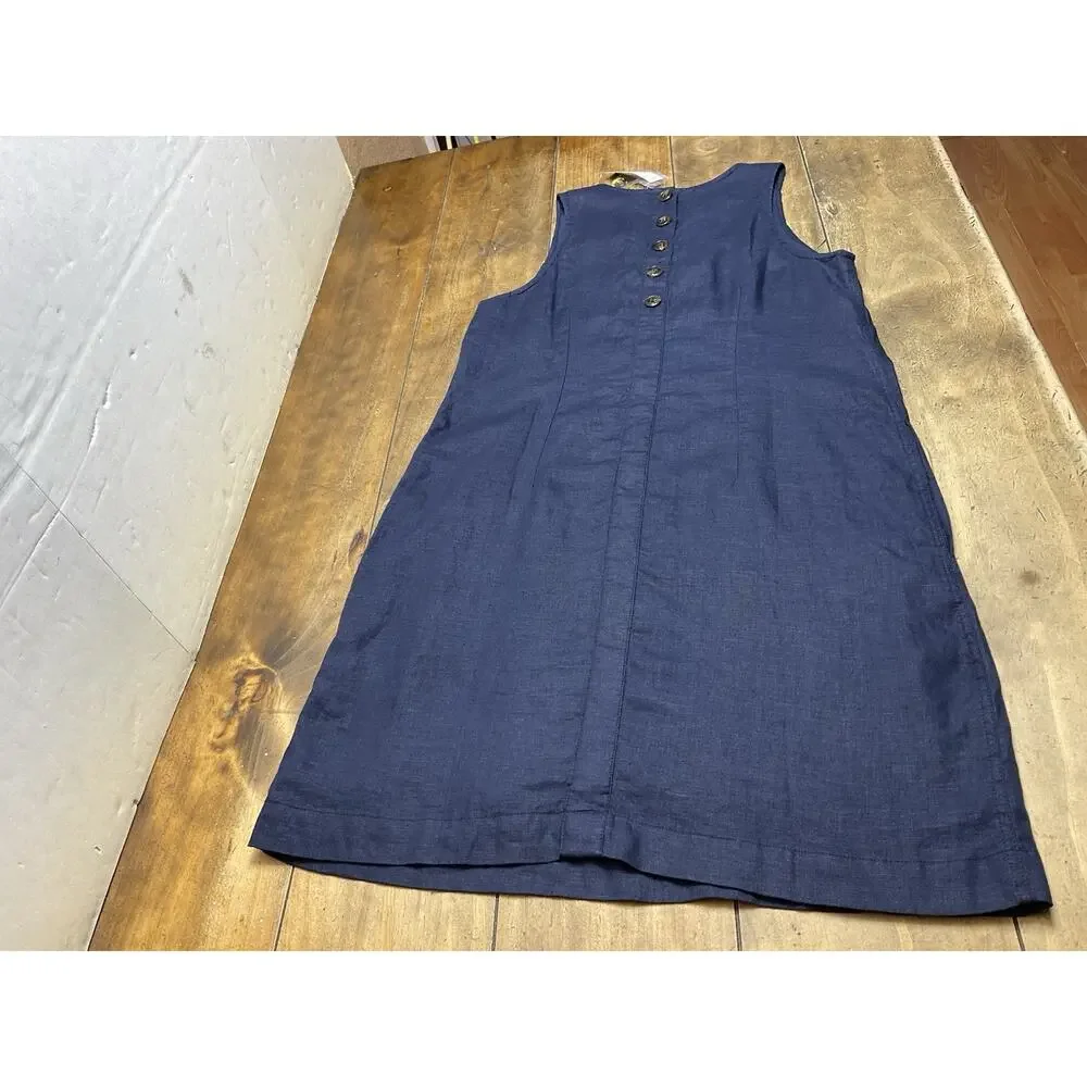 J.CREW Shift Dress Navy Blue Green Embroidered Linen Sleeveless Floral Button MT
